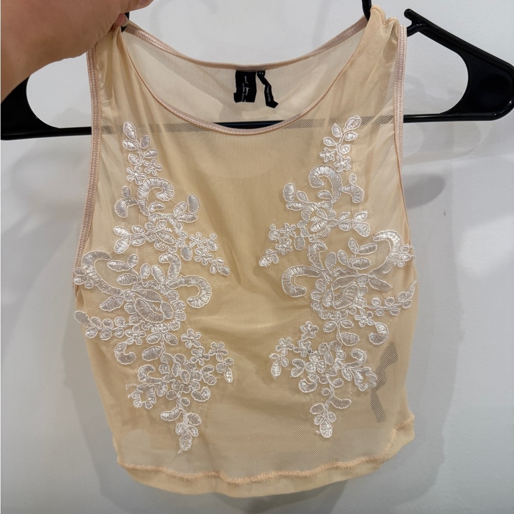 Urban Outfitters - Nude/Cream Sheer Top | Mesh Crop Top with White Lace